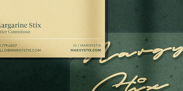 Business card for Margarine Stix, featuring contact details and a stylish design.