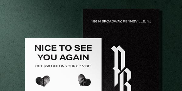 Promotional cards with text offering $50 off the sixth visit, featuring hearts and a logo.