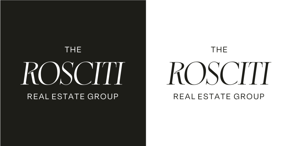 Two logos for "The Rosciti Real Estate Group," one on a black background and one on a white background.
