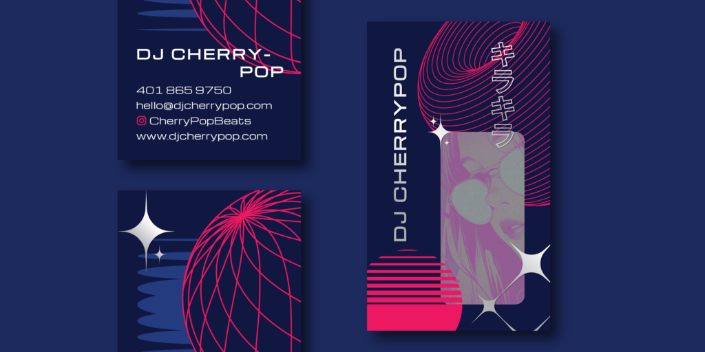 Business cards for DJ Cherry-Pop featuring contact details and vibrant graphic design elements.