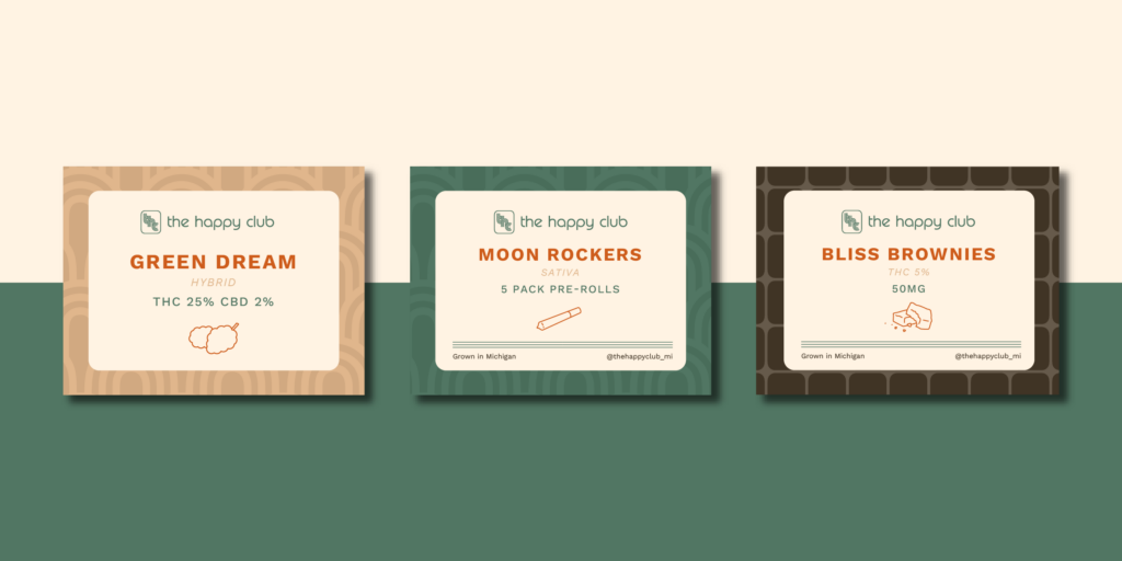 Three product packages from "The Happy Club": Green Dream, Moon Rockers, and Bliss Brownies, each with THC and CBD details.